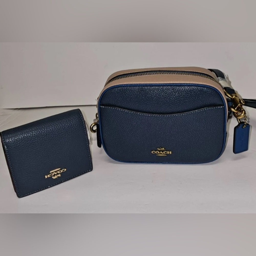 Coach Blue/tan camera bag with wallet NWT